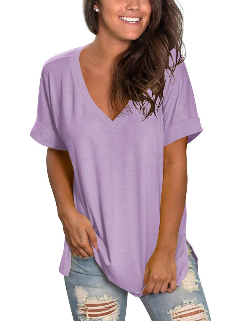 SAMPEEL Womens Short Sleeve Plain T Shirts Summer Cute Tops Plus Size Violet XXL - Image 1